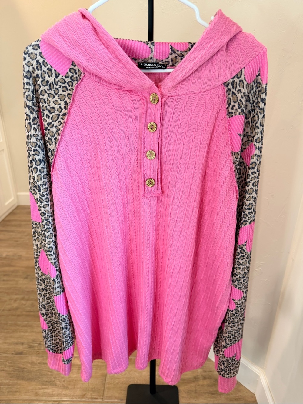 Heimish USA Pink Cable Knit & Leopard Heart Hoodie – Size 3X | NWOT